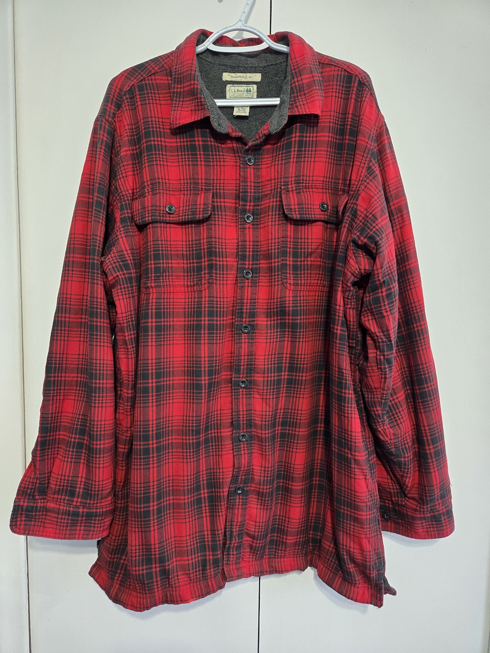 L.L. Bean Flannel Shirt Jacket XL Tall Red Plaid Lined Chamois Button Down Men
